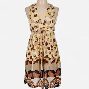 Sleeveless V-Neck Polka Dot Midi Dress in Beige and Brown